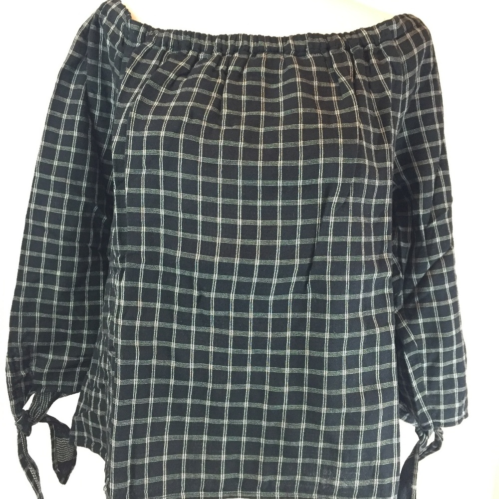 Madewell off black plaid off shoulder top NWT